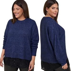 Torrid Vegan Cashmere Pullover Sweater Lace Trim Layered Crewneck Blue Black 3X